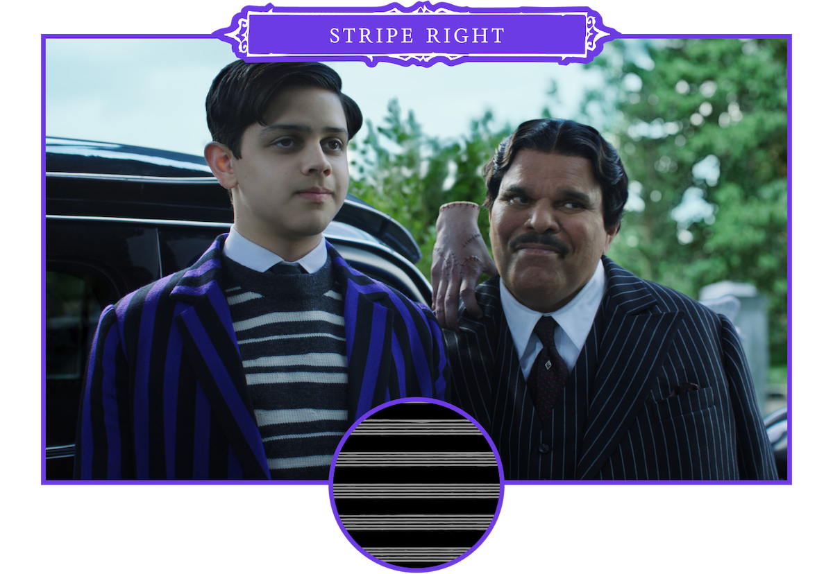 Isaac Ordonez as Pugsley Addams, Thing, (Victor Dorobantu), and Luis Guzmán as Gomez Addams in ‘Wednesday’ Season 2.
