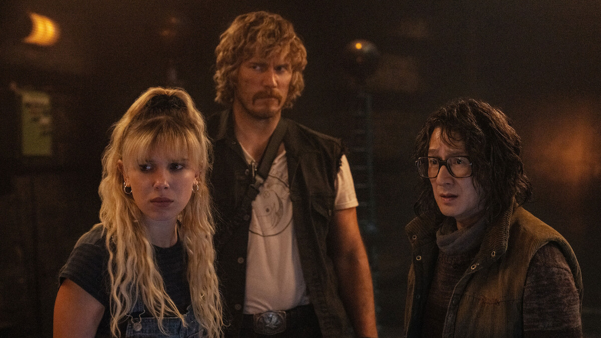 Millie Bobby Brown as Michelle, Chris Pratt as Keats, and Ke Huy Quan as Dr. Amherst in ‘The Electric State.’