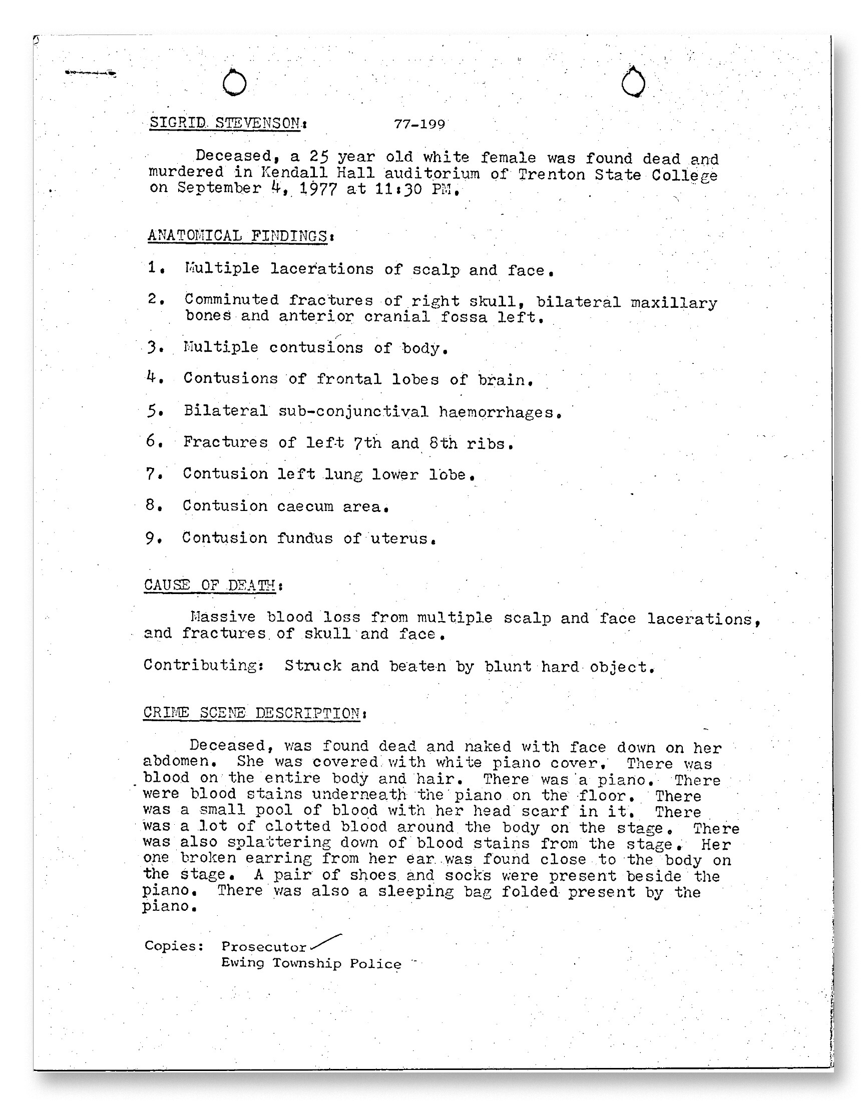 Sigrid Stevenson Medical Examiner Report