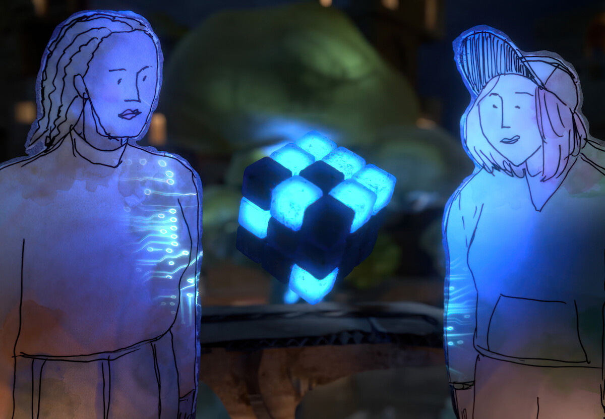 Duas pessoas so colocam em volta de um cubo preto e azul, representando a inteligência artificial, com expressões faciais distintas: uma está preocupada e a outra está mais relaxada