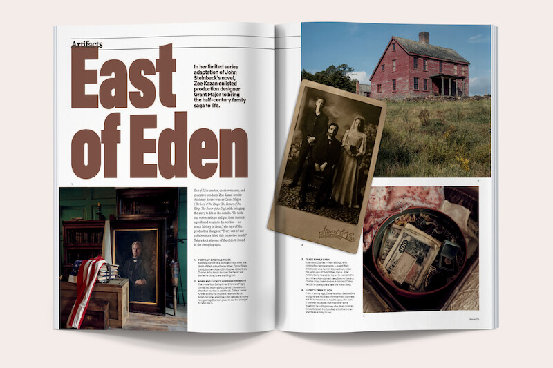Magazine spread titled East of Eden features a portrait, a vintage photo, old money in a box, and a red farmhouse in a grassy field, suggesting a historical exploration of family artifacts and rural American heritage.