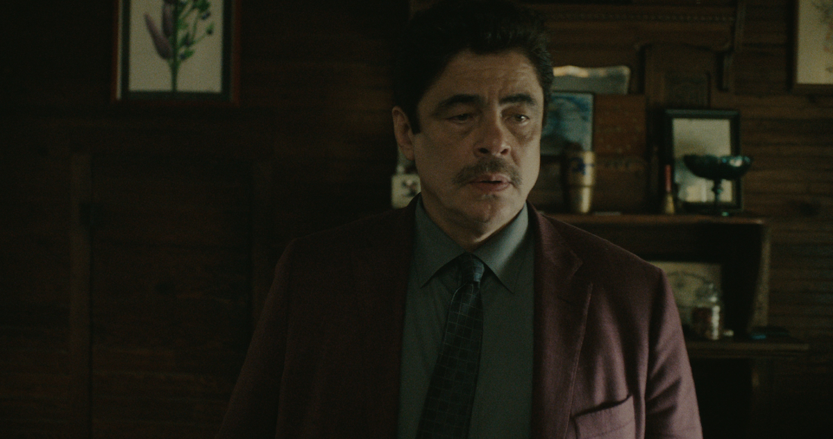 Benicio Del Toro standing in a room with a suit and tie
