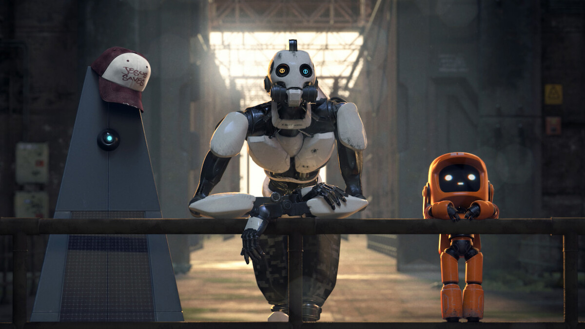 Three robots stand at a railing together in “Three Robots” from ‘Love, Death, + Robots’ Volume 3