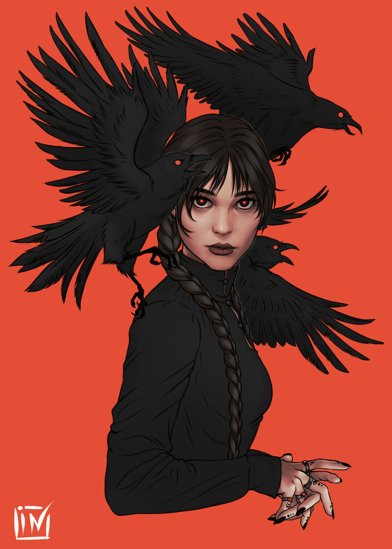 An illustration of Wednesday on a red background. She has several ravens sitting on her shoulders. 