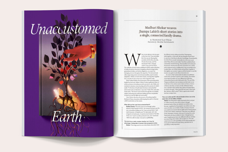 Magazine spread with a purple left page showing a hand holding a plant and the text "Unaccustomed Earth," and a right page with a title and article text about family drama, set in a clean, modern layout.