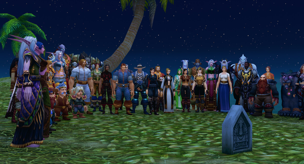 A group of Ibelin Redmoore's friends stand around his gravestone and honor him in a dark field.