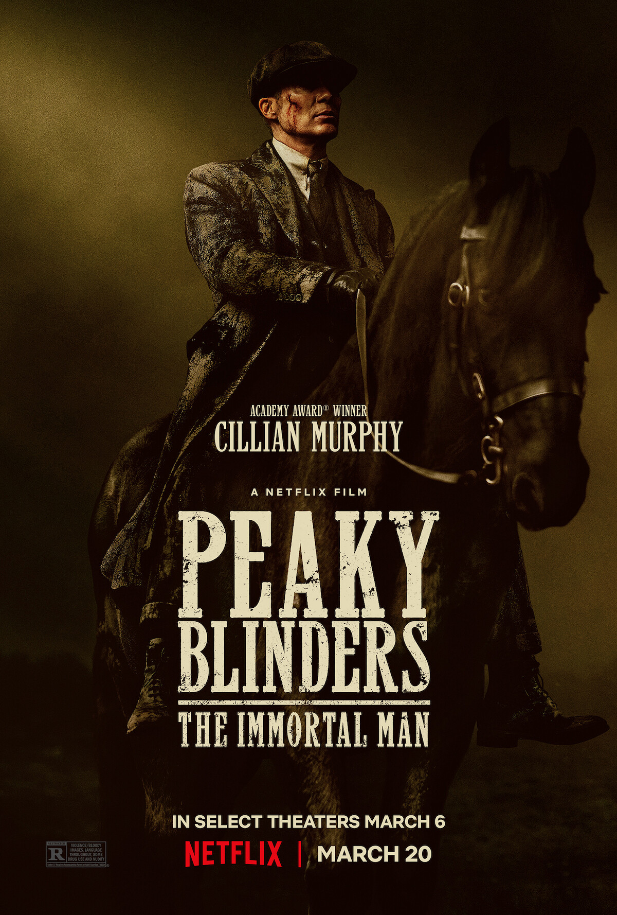 A stern man in vintage attire rides a horse through a dark, misty setting. The mood is tense and dramatic. Promotional poster for Peaky Blinders: The Immortal Man, starring Cillian Murphy, with release dates and Netflix branding.