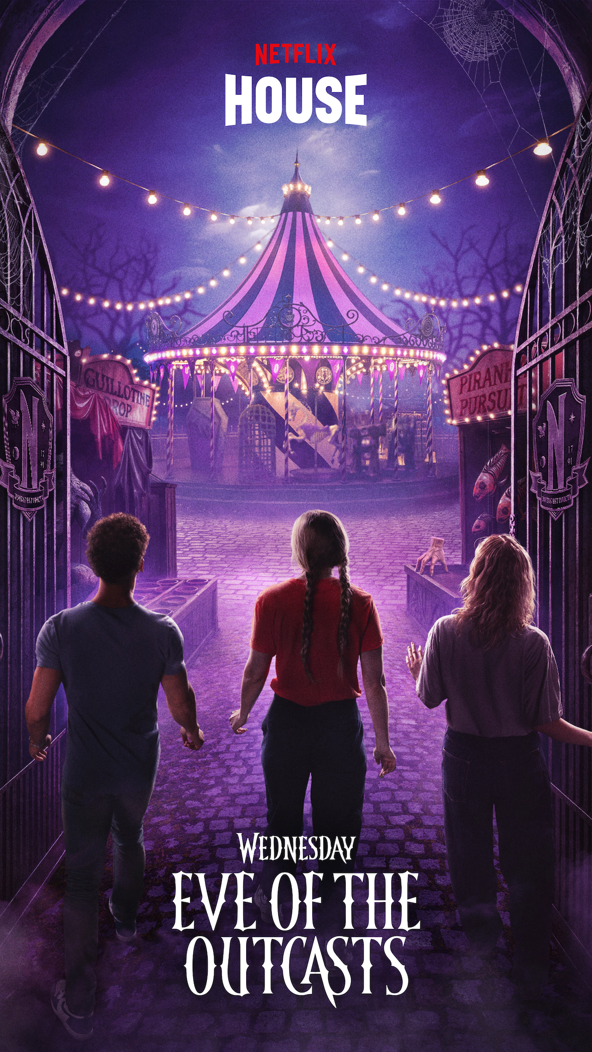 Three people enter a spooky, purple-lit carnival with a striped tent and eerie signs, creating a mysterious and adventurous atmosphere at night.
