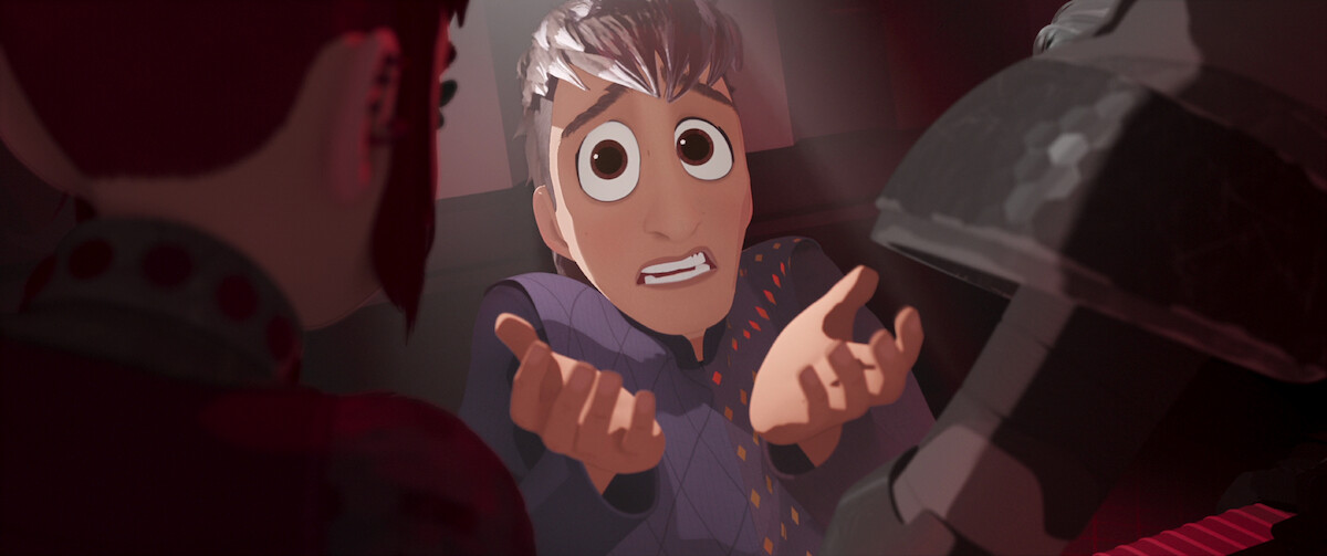 The Squire holds up his hands in a still from ‘Nimona.’