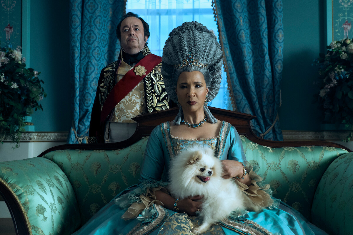 Hugh Sachs as Brimsley and Golda Rosheuvel as Queen Charlotte.