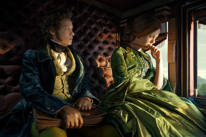 Felix Kammerer as William Frankenstein and Mia Goth as Elizabeth in 'Frankenstein.' 
