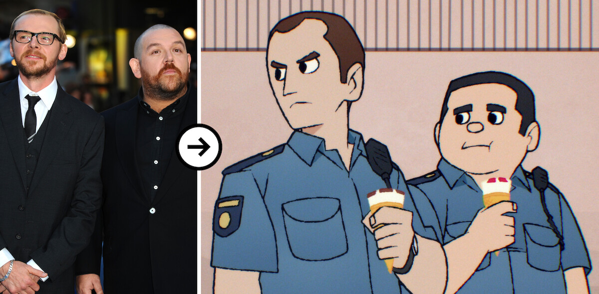 A diptych of images showing a headshot of Simon Pegg and Nick Frost, and Simon Pegg and Nick Frost as Security Guard in Season 1 of ‘Scott Pilgrim Takes Off’