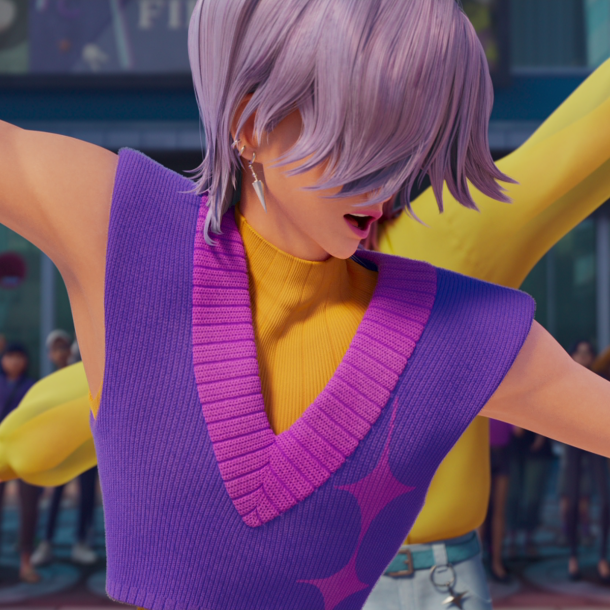 Mystery Saja wears a purple V-neck vest in ‘Kpop Demon Hunters.’