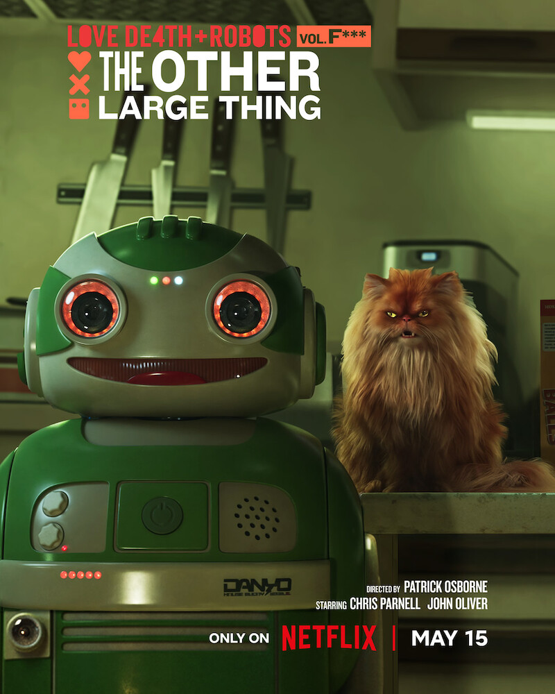 Key art for the episode "The Other Large Thing" in 'Love, Death + Robots' Volume 4 featuring a cat sitting next to a robot.