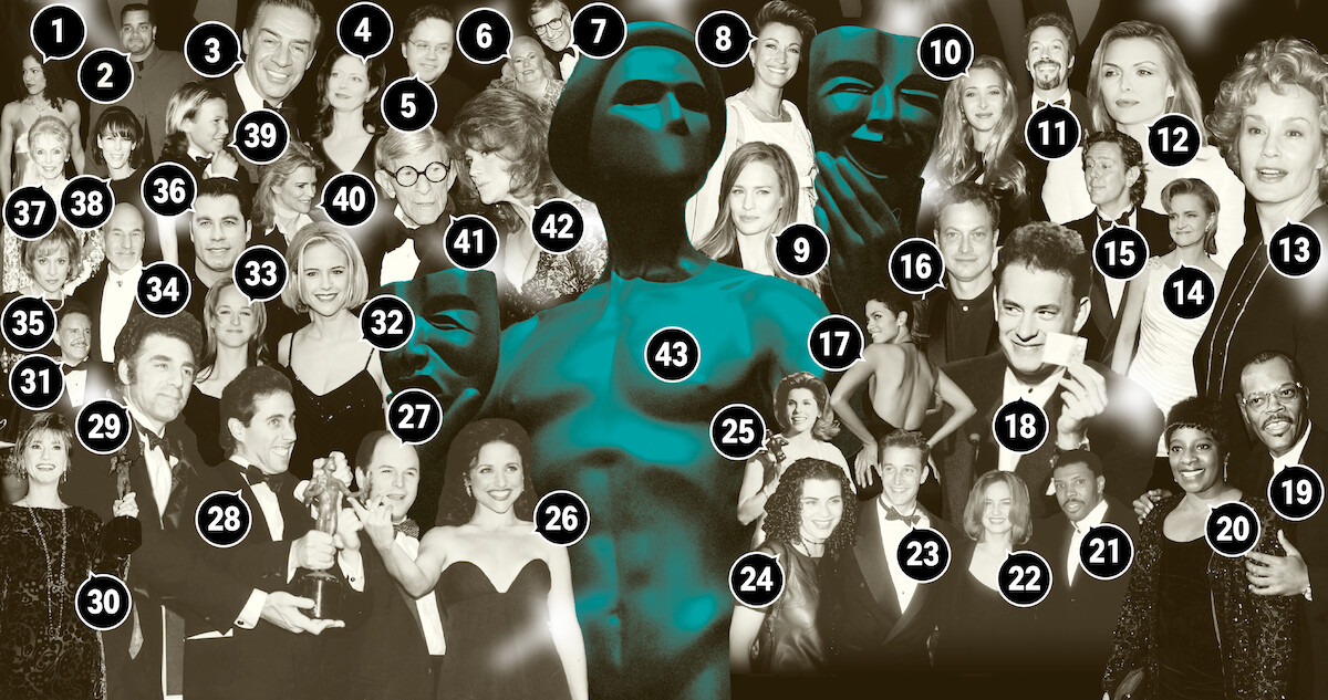 Collage of black and white archival photos of actors from the inaugural Screen Actors Guild Awards.