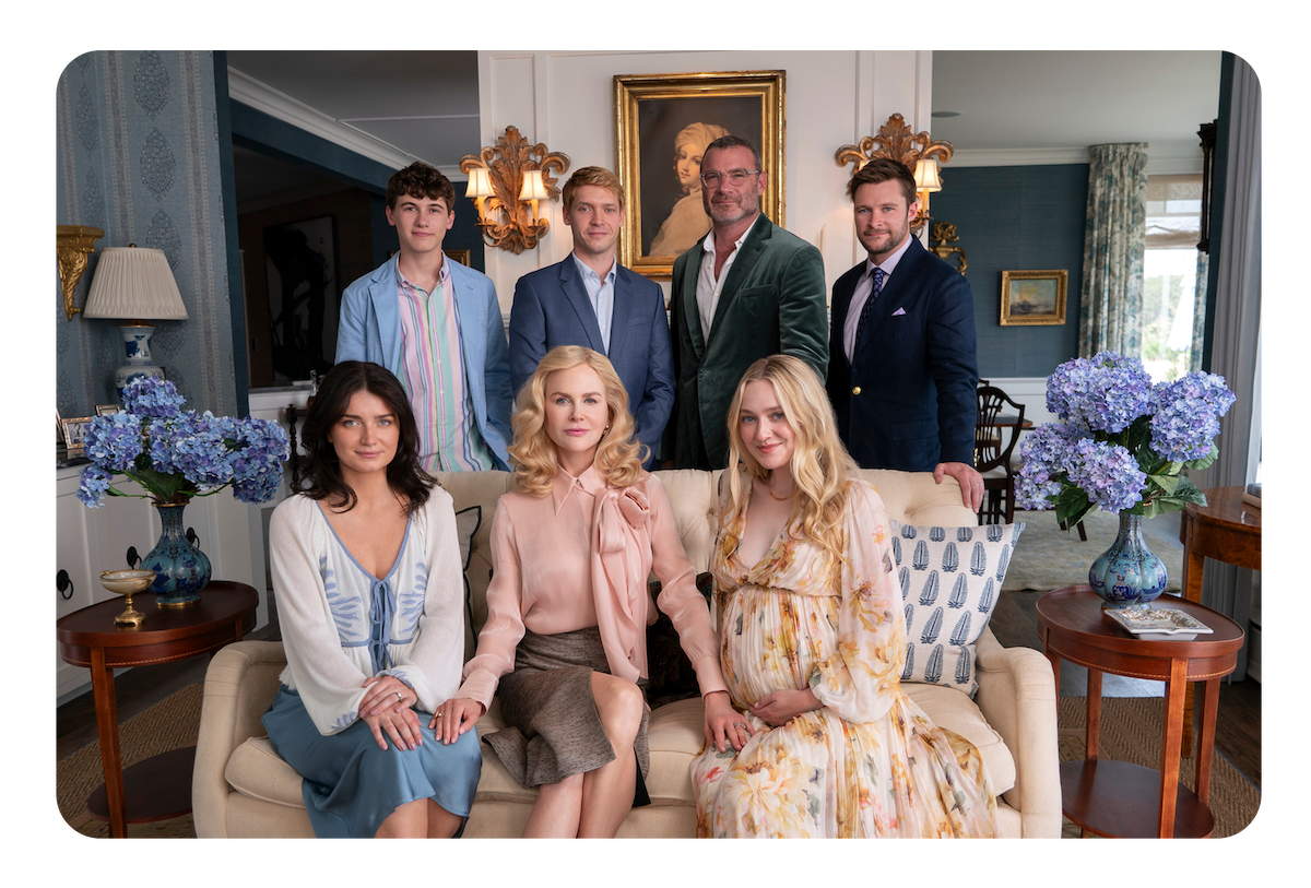 Eve Hewson as Amelia Sacks, Sam Nivola as Will Winbury, Nicole Kidman as Greer Winbury, Billy Howle as Benji Winbury, Liev Schreiber as Tag Winbury, Dakota Fanning as Abby Winbury, Jack Reynor as Thomas Winbury in Episode 103 of ‘The Perfect Couple’