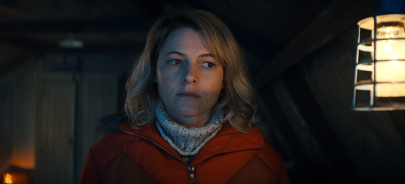 Amy Seimetz as Birdie wears a red coat in Season 3 of 'Sweet Tooth'