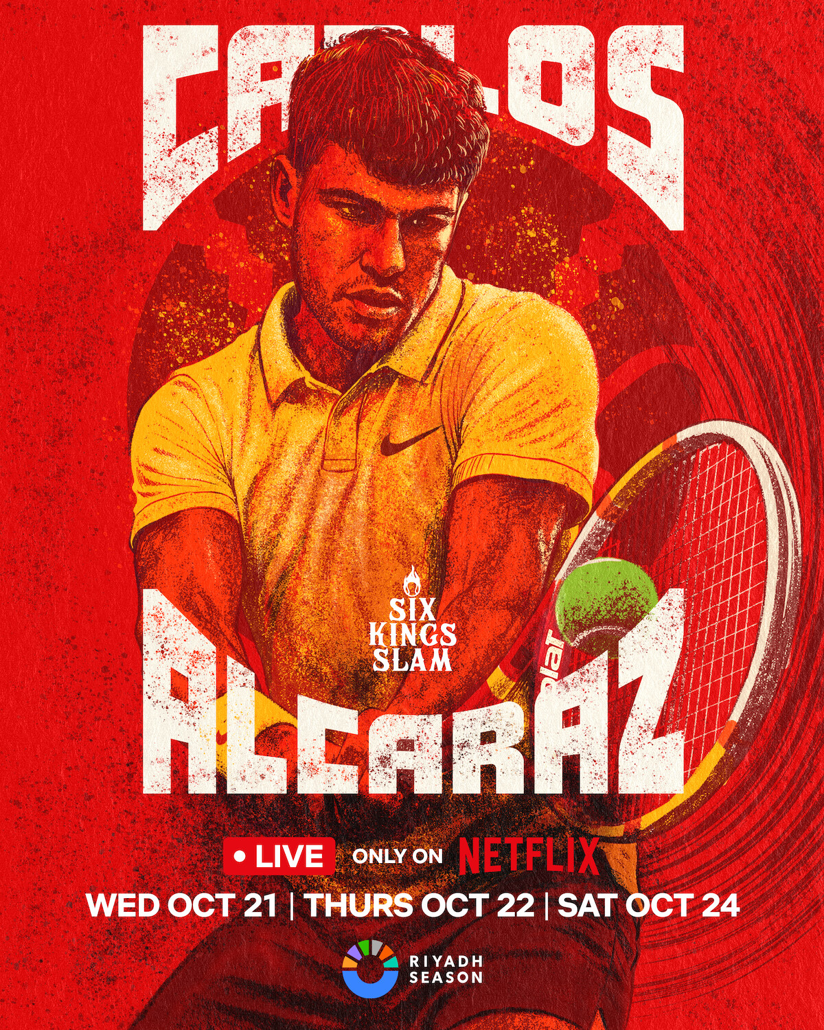 A male tennis player in a yellow shirt prepares to hit a tennis ball with his racket, set against a vibrant red graphic background with bold text above his head.