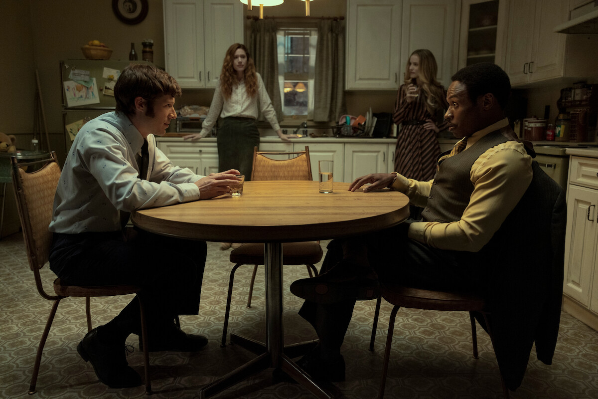 Zach Gilford as Young Roderick, Katie Parker as Annabelle Lee, Willa Fitzgerald as Young Madeline, Malcolm Goodwin as Young Dupin in episode 105 of The Fall of the House of Usher.