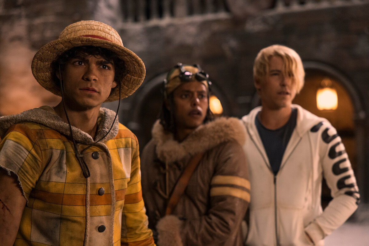 Iñaki Godoy as Monkey D. Luffy, Jacob Romero as Usopp, and Taz Skylar as Sanji in ‘ONE PIECE’ Season 2.