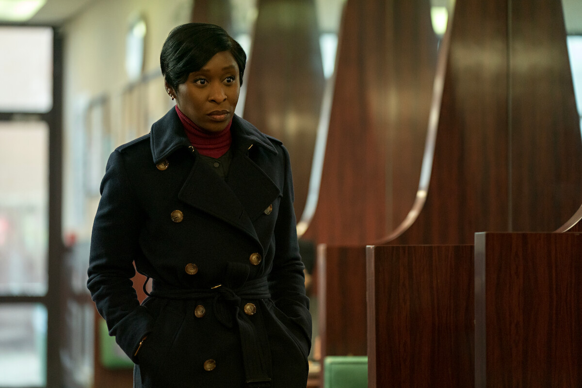 Cynthia Erivo wears a blue Burberry trench coat in 'Luther: The Fallen Sun.'