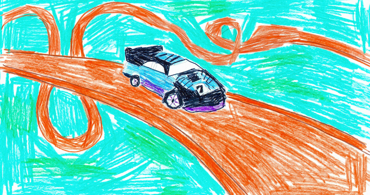 Desenho infantil retrata um carrinho de brinquedo percorrendo uma pista laranja