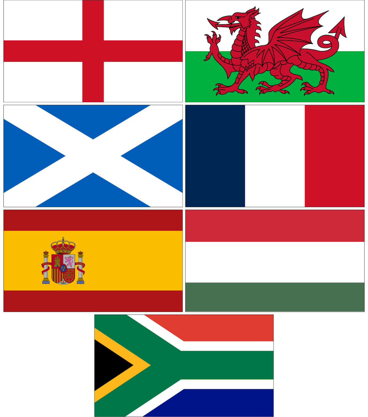 Collage of the English, Welsh, Scottish, French, Spanish, Hungarian, and South African flags