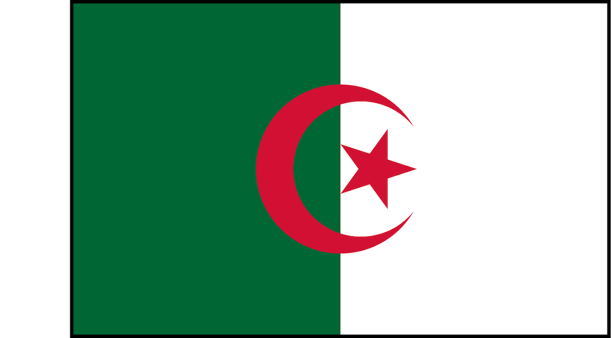 Flag of Algeria with two vertical stripes, green and white, featuring a red crescent and five-pointed star centered.