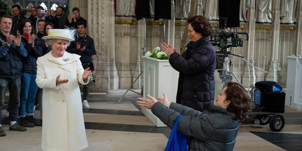 Imelda Staunton, Elizabeth Colman, and Claire Foy applaud each other on the final day on set in Season 6, Part 2 of ‘The Crown.’