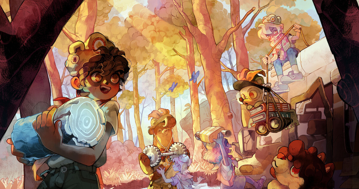 Animated game character in foreground carrying a log in a forest. 