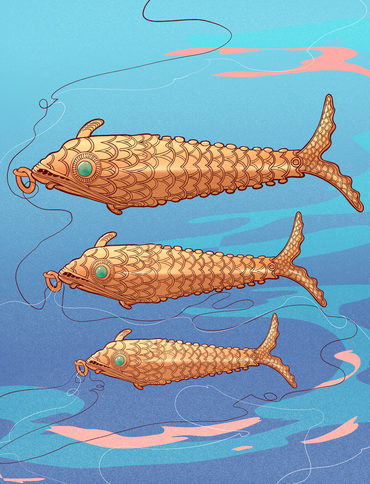 Illustration of bright gold fish on a background of blue and peach