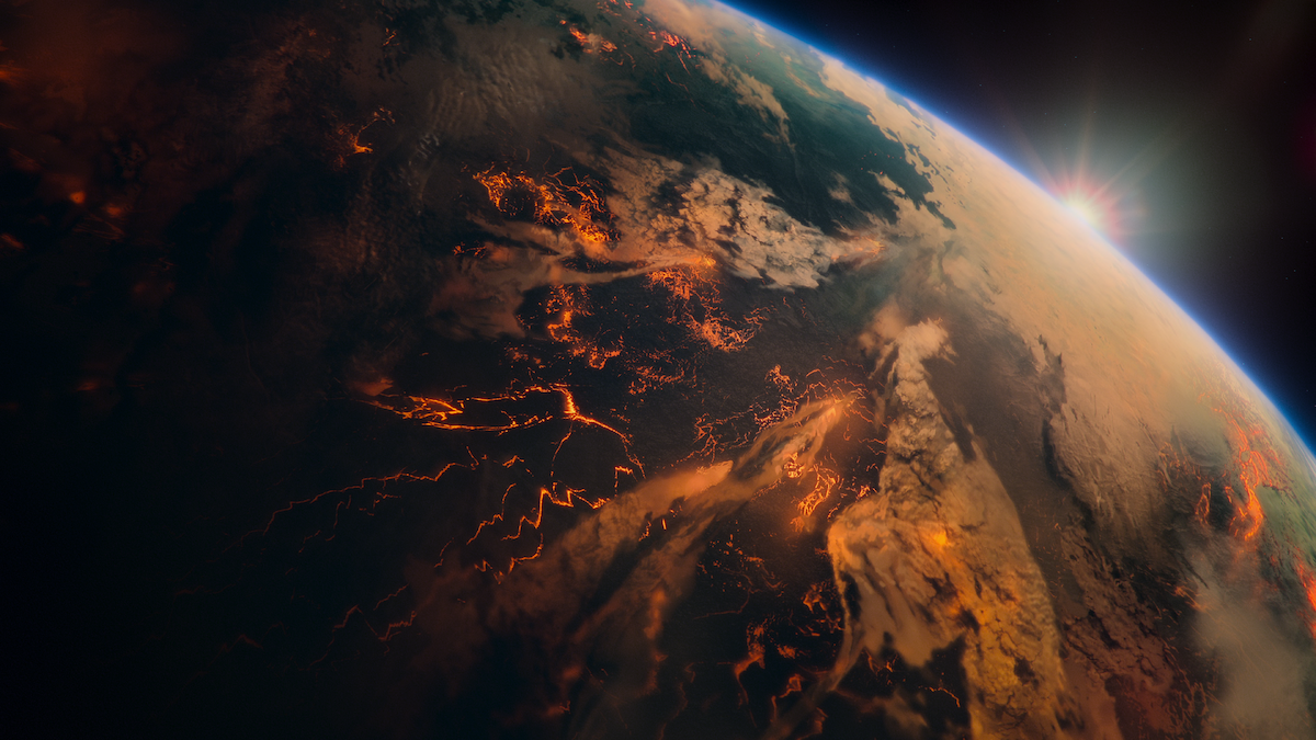 CGI Image of Earth with volcanic activity.