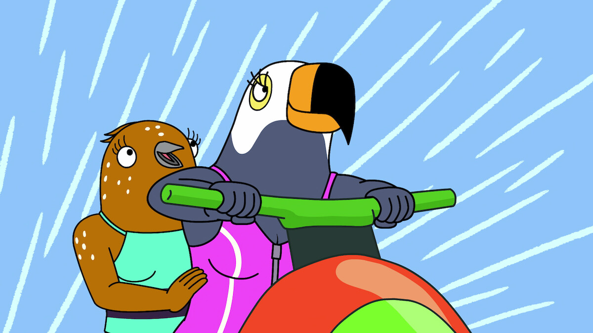 Two animated birds, one brown and one black-and-white, are riding a colorful jet ski together with a blue sky and white streaks in the background, suggesting speed and excitement.