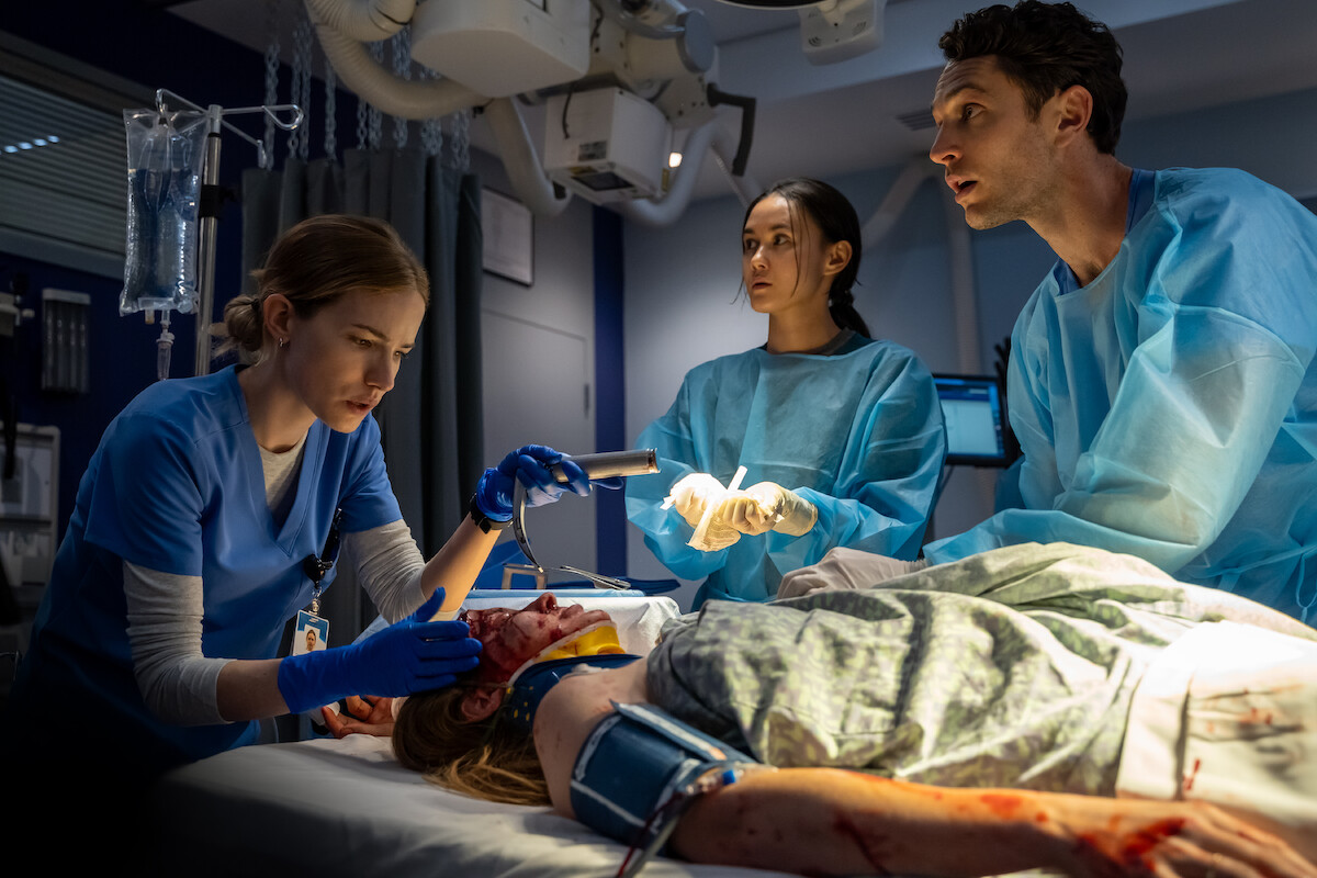 Willa Fitzgerald as Danny, Chelsea Muirhead as Sophie Chan, and Colin Woodell as Xander Phillips in ‘Pulse.’