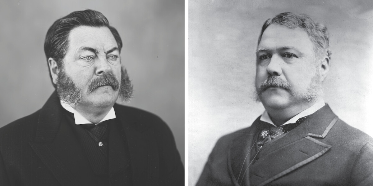 Two men in formal 19th-century attire with prominent facial hair pose for portraits in a studio setting, both appearing serious and dignified against plain backdrops, conveying a formal and historical mood.