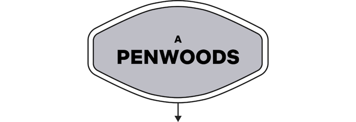 Gray shield-shaped road sign with bold black text "A PENWOODS" in the center, white outline around the edge, and a black downward arrow below, on a transparent background.
