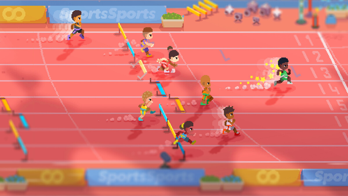A colorful scene of athletes competing in a hurdles race on a track, with a cheering crowd in the background. The athletes are mid-race, jumping over hurdles, and running towards the finish line.