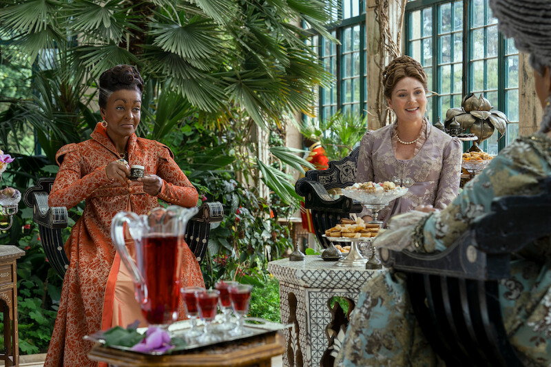 Adjoa Andoh and Ruth Gemmell as Lady Danbury and Violet Bridgerton. 