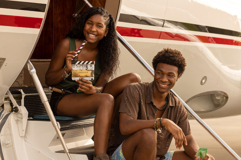 Carlacia Grant as Cleo and Jonathan Daviss as Pope in Outer Banks Season 3 Behind-the-Scenes Photo Gallery