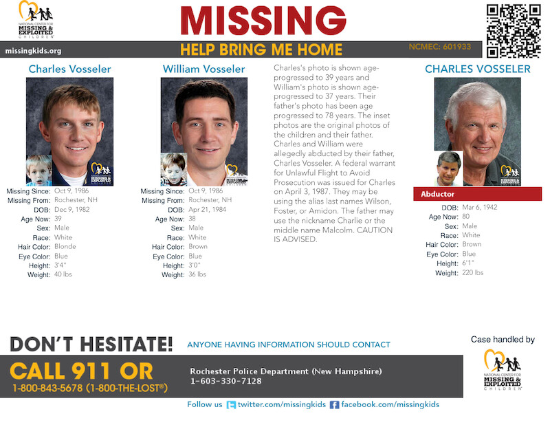 Charles Vosseler is wanted for kidnapping sons Charles (CJ) and William (Billy) Vosseler from Rochester, NH, in 1986.