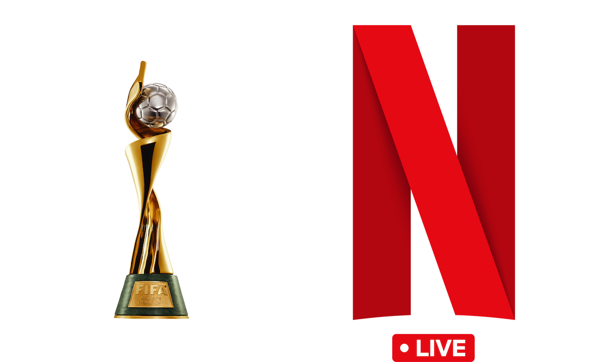 FIFA trophy in front of stylized white background on left, with Netflix logo and "LIVE" icon on right side, representing streaming of a FIFA event on Netflix.
