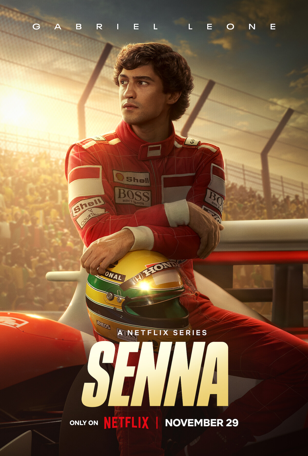 Key art for ‘Senna’ featuring Gabriel Leone as Ayrton Senna sitting on a car