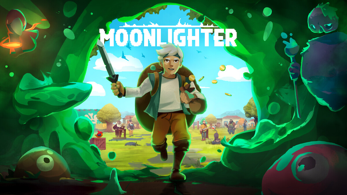Moonlighter key art - the hero from the game charges into a tunnel made of green and strange-looking creatures surrounding him.