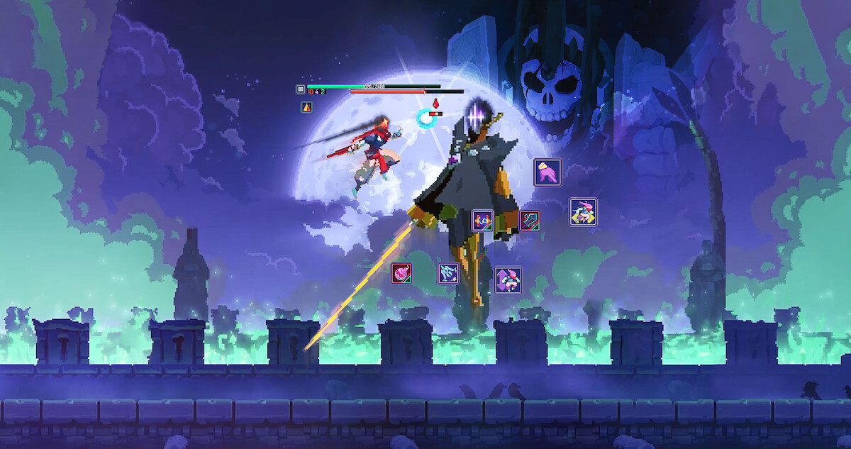 A video game scene featuring a battle between a red-haired character in mid-air and a tall, armored foe wielding a glowing sword. A giant skull looms in the background against a cloudy night sky.