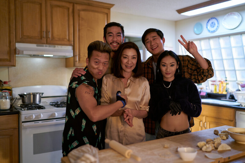 Joon Lee as TK, Justin Chien as Charles Sun, Michelle Yeoh as Mama Sun, Sam Song Li as Bruce Sun, Alice Hewkin as June in episode 108 of The Brothers Sun.