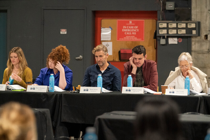 Molly Griggs as Lilly Schumacher, Mary Wiseman as Marvella, Brett Tucker as David Rylance, Nathan Lovejoy as Alden Tamridge and Roslyn Gentle as Rachel Middlekauff at the table read for The Residence. 