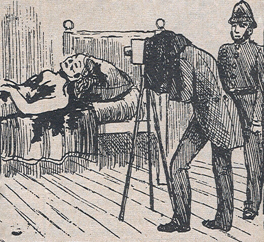 An illustration of a police photographer at the crime scene of the murder of Mary Jane Kelly