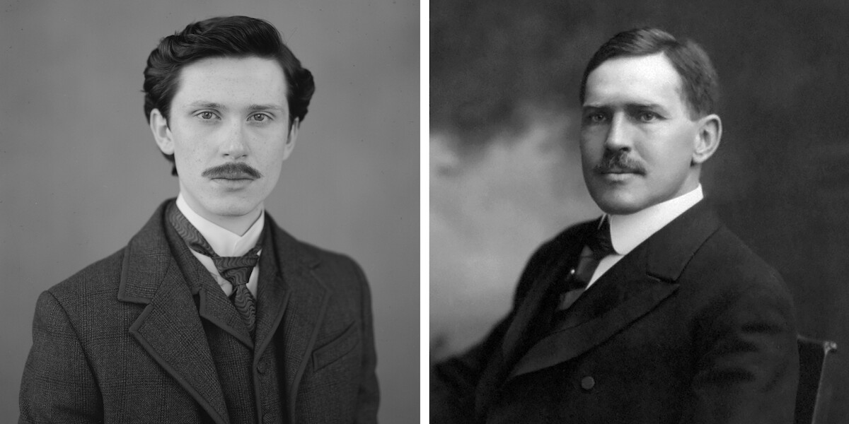 Two men in vintage suits with mustaches, posing for formal black-and-white portraits. The backgrounds are simple, one plain and one softly textured, giving a serious and classic early 20th century atmosphere.