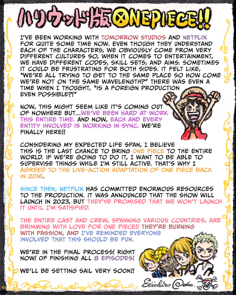 Carta de Eiichiro Oda para os fãs de ‘ONE PIECE: A Série’.