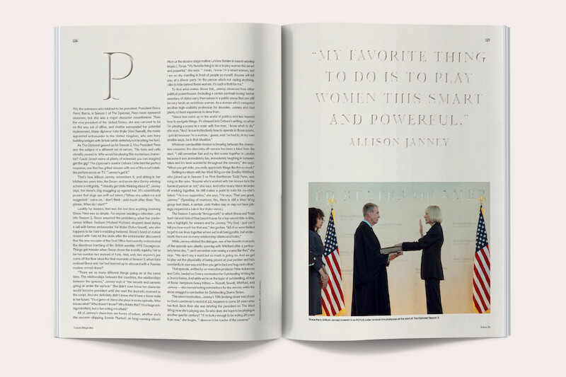 Magazine spread with left page of text and right page featuring a quote by Allison Janney above a photo of a man and woman shaking hands in a formal setting with two American flags, framed in an official environment.